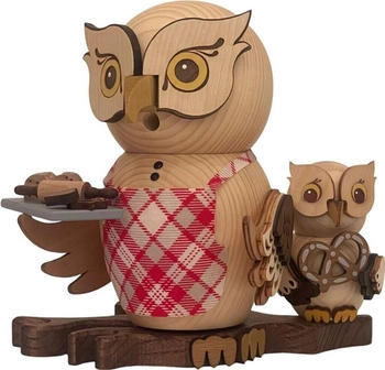 Kuhnert Drechslerei Rauchfigur/Räucherfigur Eule Weihnachtsbäckerei mit Kind aus Massivholz ca. 15 cm Made in Germany