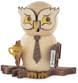 Kuhnert Drechslerei Rauchfigur/Räucherfigur Eule Chef mit Kaffee aus Massivholz ca. 15 cm Made in Germany