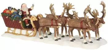 Luville Weihnachtsdorf-Miniatur Weihnachtsmann mit seinem Rentier-Schlitten - L21 x B7 x H8 cm