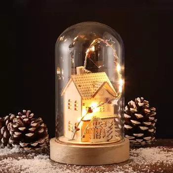 Marelida LED Deko Glaskuppel Holzhaus 10 warmweiße LED H: 20cm Batterie Innen hellbraun