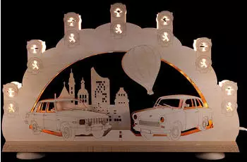 Saico Lichterbogen LED 3D Trabant und Wartburg Holz 52 cm warmweiß natur
