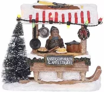 Luville Weihnachtsdorf-Miniatur Kaiserschmarren und Apfelstrudel-Marktstand - L11,5 x B7 x H9,5 cm