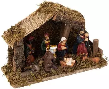 Feeric Lights & Christmas LED-Weihnachtskrippe mit 7 Figuren, Harz und Holz, 20x13cm