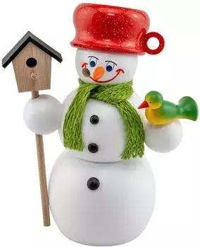 Seiffener Volkskunst Räuchermann Schneemann mit Vogelhaus, 15cm