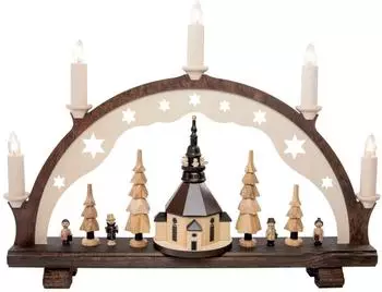 Rudolphs Schatzkiste Schwibbogen Seiffener Dorf mit Kirche, elektrisch beleuchtet, 42x31x7cm