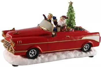 Spetebo Weihnachtsmann im Oldtimer, LED, Sound & Bewegung, 25cm (34561)