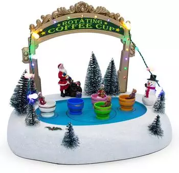 Spetebo Weihnachtsdorf LED-Szene Eisbahn mit Kaffeetassen, Musik, 27x21cm (8532)
