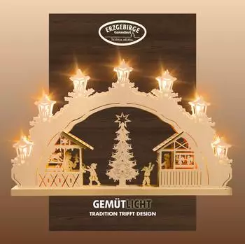 WEIGLA Schwibbogen Weihnachtsmarkt, Holz, Erzgebirge, 7x 34V 3W E10