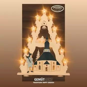 WEIGLA Lichterspitze &bdquo;Seiffener Kirche" Schwibbogen 15-flammig LED (LS15SK-LED)
