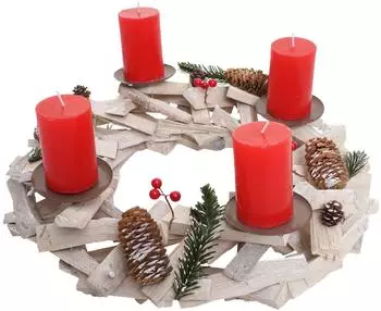 MCW Adventskranz rund, Holz, Ø40cm, weiß-grau mit roten Kerzen