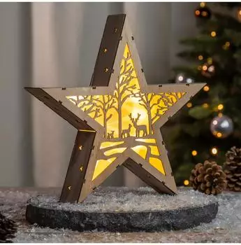 Spetebo Weihnachtsstern aus Holz, Motiv Wald, warm weiß, 30cm (3573)