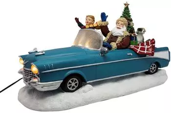 Spetebo Weihnachtsmann im Oldtimer, blau, 38cm, LED mit Sound und Bewegung (34562)