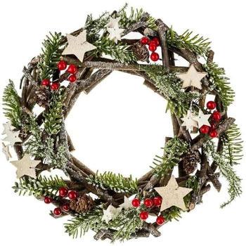 Feeric Lights & Christmas Christmas Wreath 32cm Stars and Pine Cones Red Holly Berries