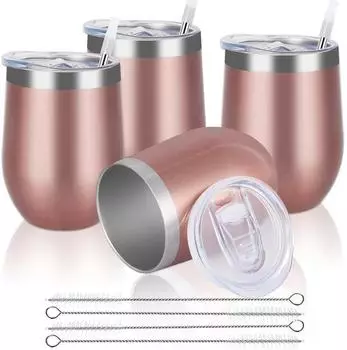 LuxusKollektion Weinbecher Edelstahl, doppelwandig, mit Deckel, rosagold, 4er Set (12oz)