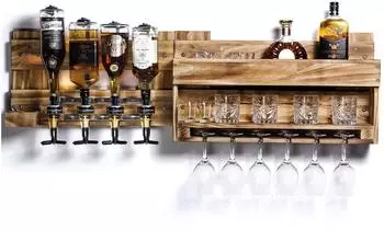 Yorbay Weinregal Wandbar Holz mit 4 Getr&auml;nkespender, Flaschenhalter (D02)