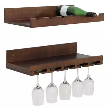 MCW Weinregal P22 2er-Set Wandregal, 6 Flaschen/15 Gl&auml;ser, Holz braun, 61x28cm (MCW-P22)