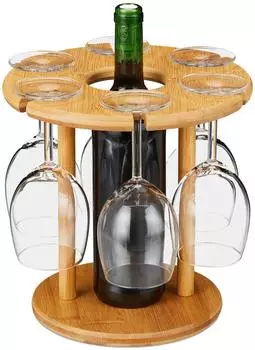Relaxdays Weinglashalter rund, Holz, natur, 6 Gl&auml;ser