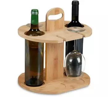 Relaxdays Weinbutler Weinhalter Bambus, natur (f&uuml;r 2 Flaschen & 4 Gl&auml;ser)