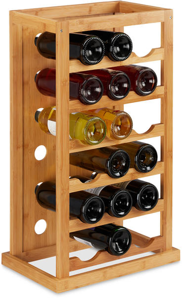 Relaxdays Weinregal, platzsparende Weinablage für 18 Flaschen, Flaschenregal aus Bambus, HBT 66,5 x 39 x 25,5 cm, natur