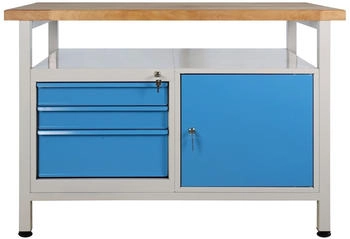 Proregal Werkbank Rhino + Ablagefläche 3 Schubladen 1 Tür 84 x 120 x 60 cm Traglast 300 kg Lichtgrau/Lichtblau