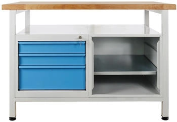 Proregal Werkbank Rhino + Ablagefläche 3 Schubladen Regalteil 84 x 120 x 60 cm Traglast 300 kg Lichtgrau/Lichtblau