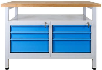 Proregal Werkbank Rhino + Ablagefläche 6 Schubladen 84 x 120 x 60 cm Traglast 300 kg Lichtgrau/Lichtblau