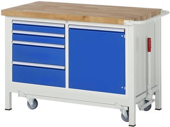 Rau Werkbank Serie 8470 absenkbar fahrbar 4 Schubladen + Fachboden 1250 x 700 x 880 mm