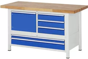 Rau Werkbank 8932 h&ouml;henverstellbar 1500x700x840-1040mm, 5 Schubladen, 1 T&uuml;r, lichtgrau/enzianblau (38932A2157B4H11)