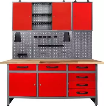 Ondis Werkstatt-Set 160cm, Werkbank, Werkzeugschrank, Lochwand, rot/anthrazit