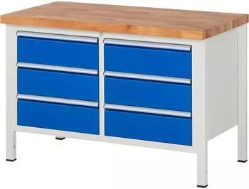 Rau Werkbank Serie 8000 h&ouml;henverstellbar 1250x700x840-1040mm, 6 Schubladen, lichtgrau/enzianblau (38473A2127B4H11)