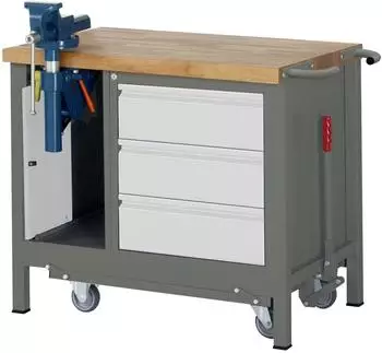 STIER Werkbank Premium mit Fahrgestell, 3 Schubladen & Schraubstock, 1000x700x880mm (904813)