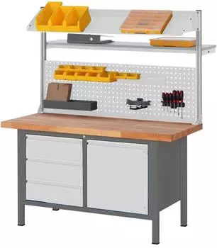 STIER Premium Werkbank höhenverstellbar mit Aufbau, 3 Schubladen, 1 Flügeltür, 1500x700x840-1040mm (906120)