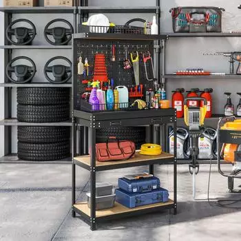 HomCom Werkbank 80x40,5x155cm mit Lochwand, Haken und Schublade, schwarz (B71-074V00BK)