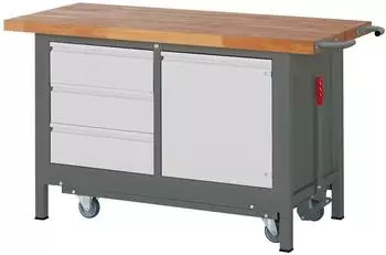 STIER Werkbank Premium mit absenkbarem Fahrgestell, 3 Schubladen, 1 Flügeltür, 1500x700x880mm (906082)