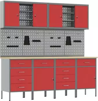 vidaXL Werkstattschrank-Set 10-tlg. mit Stecktafel, rot, MDF/Metall (3321491)