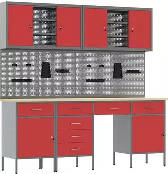 vidaXL Werkbank-Set 10-tlg., Stahl/Holz, rot (3321479)