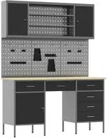 vidaXL 7-tlg. Werkstattschrank-Set mit Stecktafel Schwarz MDF Metall
