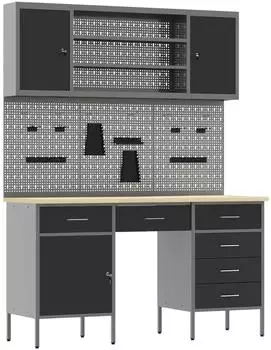 vidaXL 7-tlg. Werkstattschrank-Set mit Werkbank und Stecktafel, schwarz, MDF/Metall (3321466)