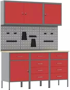 vidaXL Isacco Werkbank-Set 8-tlg., rot/grau, Holz und Stahl (3321447)