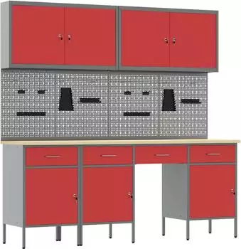 vidaXL Werkbank mit Schubladen 10-tlg., rot/grau, Holz und Stahl (3321471)