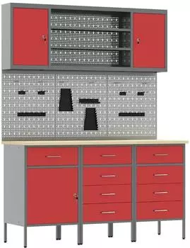 vidaXL Werkbank mit Schubladen 7-tlg., Holz und Stahl, rot (3321449)