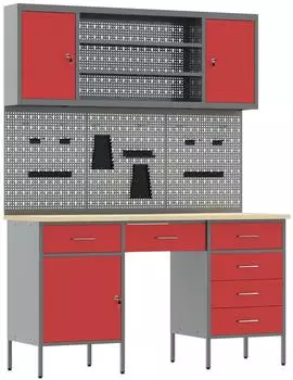 vidaXL Werkbank mit Schubladen, Holz & Stahl, rot (3321467)