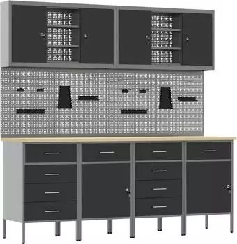 vidaXL Werkbank mit Aufbewahrung 10-tlg., schwarz/grau, Holz und Stahl (3321490)