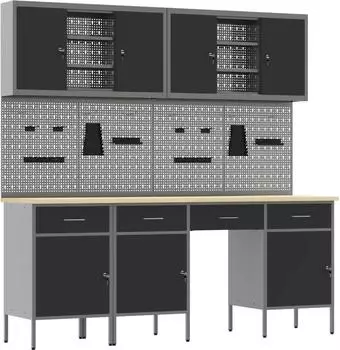 vidaXL Werkbank mit Schubladen, 10-tlg., schwarz, 200x55x200cm, Holz und Stahl (3321472)