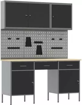 vidaXL Werkbank 8-teilig, schwarz, Holz und Stahl (3321452)