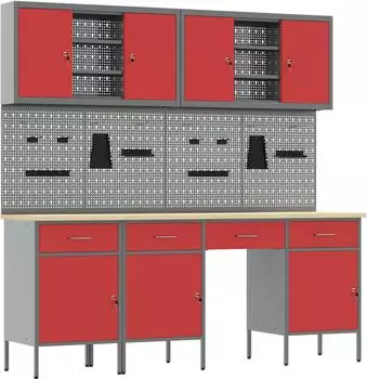 vidaXL Werkbank mit 10 Schubladen, Holz und Stahl, rot (3321473)