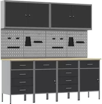 vidaXL Werkbank mit Stauraum 10-tlg., schwarz/grau, Holz und Stahl (3321488)