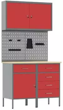 vidaXL Werkbank-Set mit Schubladen, 5-tlg., rot/grau, Holz und Stahl (3321425)