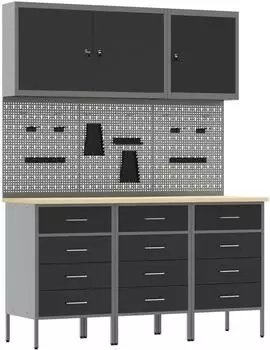 vidaXL Werkbank mit Schubladen 8-tlg., schwarz/grau, Holz und Stahl (3321434)