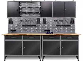 Ondis Werner Werkstatt-Set 240cm, Werkbank Buchenholz, 2 Schr&auml;nke, Lochwand